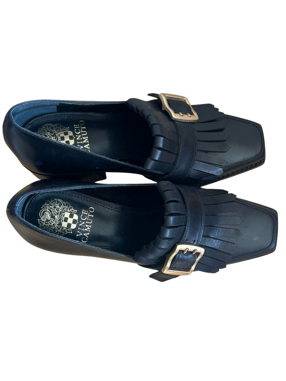 Vince Camuto Black Leather Fringe Loafers with Gold Buckles - Picture 4 of 7